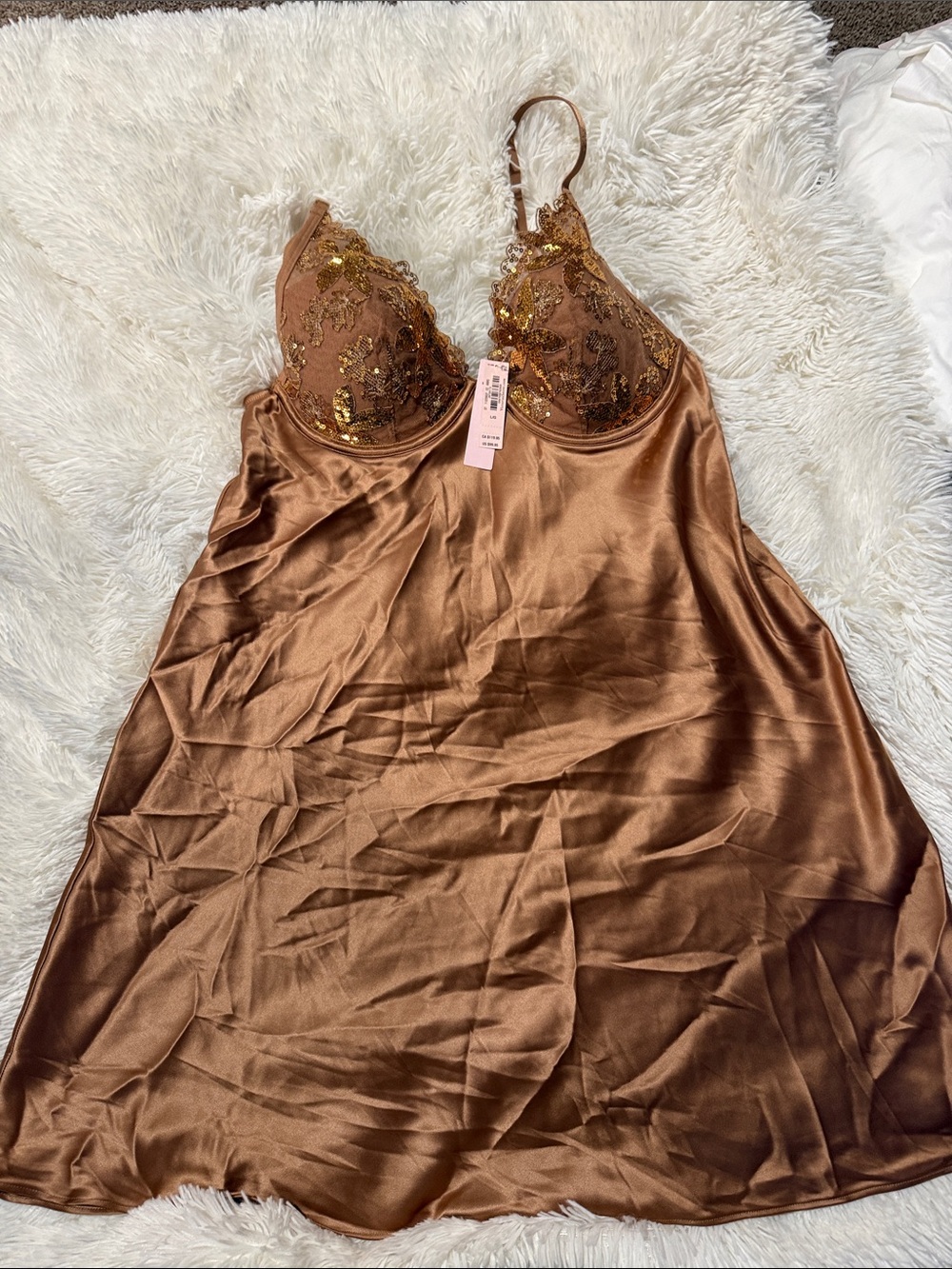 Victoria's Secret Copper Satin Chemise with Gold Lace